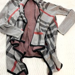 Staccato gray and burgundy plaid cardigan
